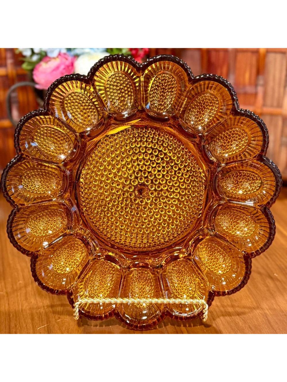Rare VTG Indiana Glass Carnival Amber Hobnail Deviled Egg Plate Platter 11"